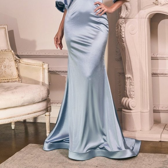 NEW LONG PARIS BLUE SATIN STRETCH MERMAID DRESS WITH PUFF SLEEVES AND ZIP CD983C - Picture 4 of 8